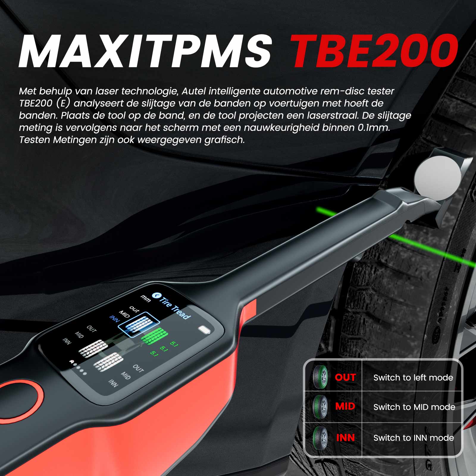 AUTEL MaxiTPMS TBE200 : Analyseur de la Profondeur de bande de roulement de  pneu laser et usure du disque de frein, testeur 2en1.